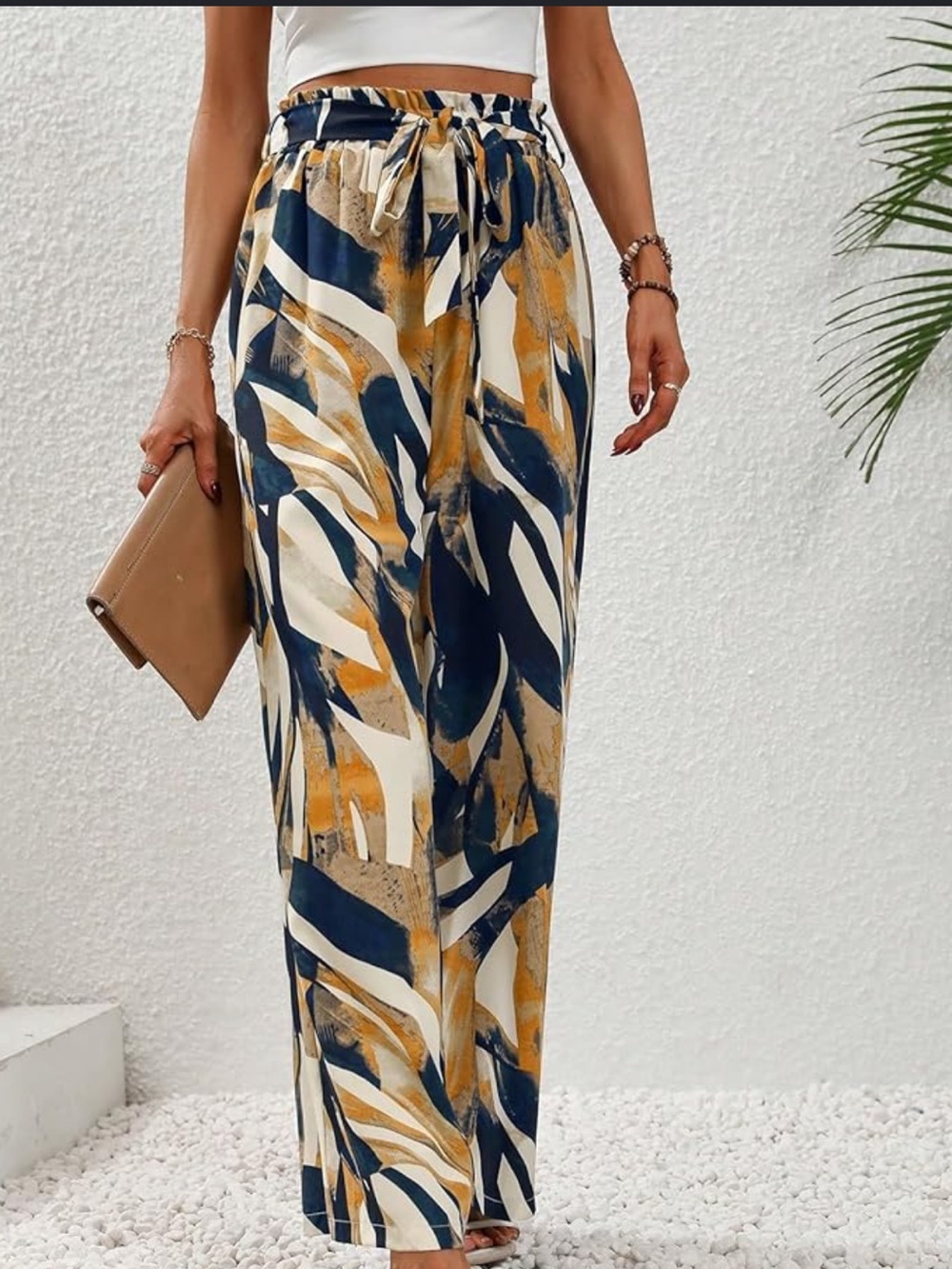Wide Leg Printed Palazzo Pants - Cream, Navy & Tan